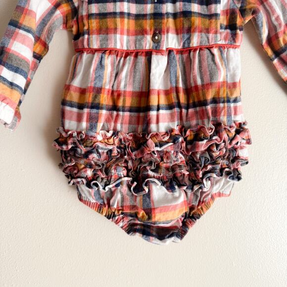 RuffleButts Pink + Brown Plaid Ruffle Bubble Romper - 12 to 18 Months Fall - Picture 6 of 8